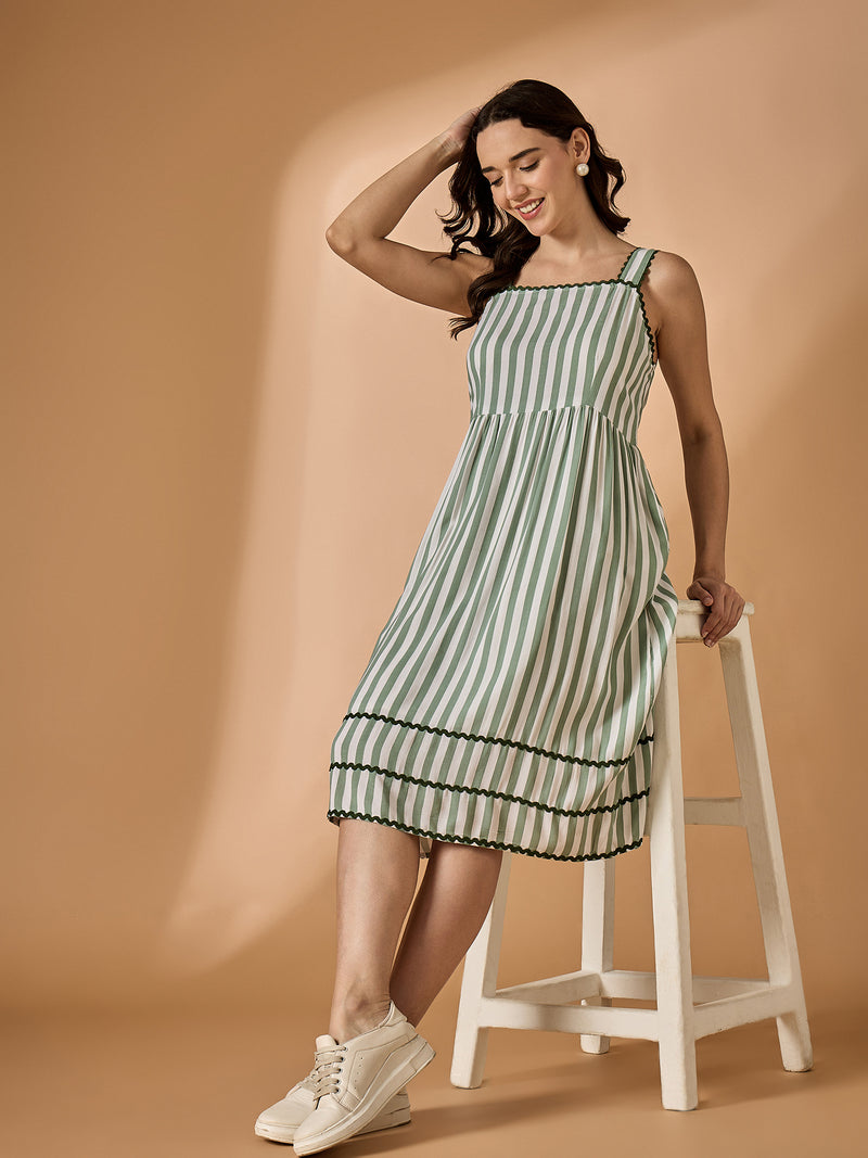 Green Square Neck Striped Dress