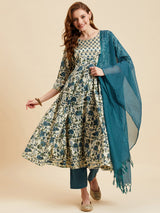 Floral Printed Kurta With Palazzo & Dupatta Set