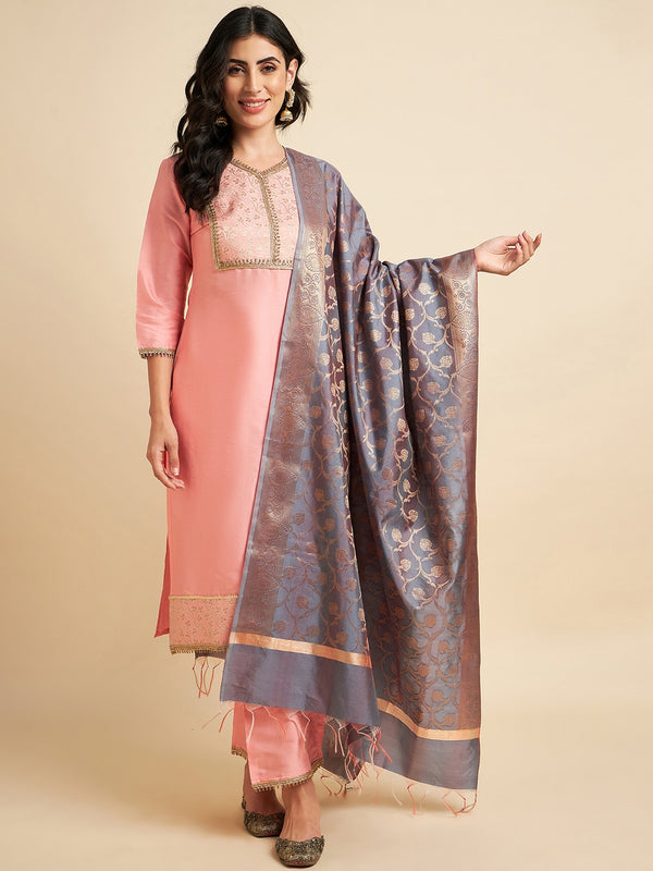 Peach Raw Silk Straight Calf Length Kurta With Palazzo Dupatta Set