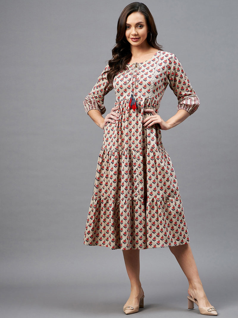 Beige Floral Printed Gathered A-Line Dress