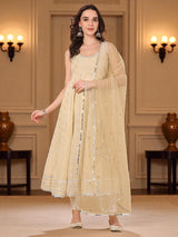 Enthic Cream & Gold Embellished Anarkali Kurta