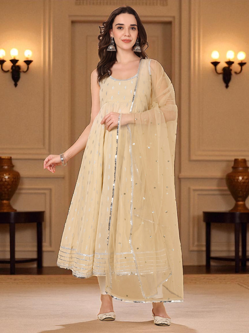 Enthic Cream & Gold Embellished Anarkali Kurta