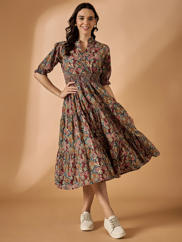 Brown Floral Printed Fit & Flared Dress