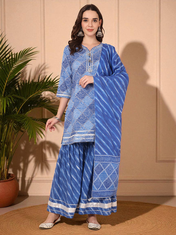 Bandhani Printed Kurta Set With Sharara & Dupatta Set