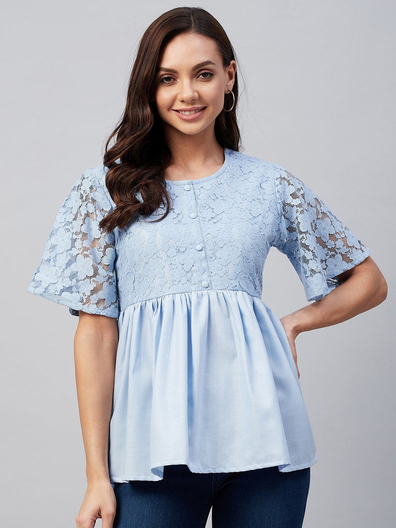 Solid Blue and Flower Lace Gathered A-Line Top