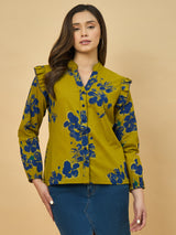 Azira Mustard Printed Full Sleeve Shirt | Mandarin Collar | Ruffle Detail on Shoulder