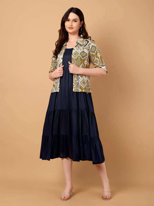 Gathered Dress with Printed jacket