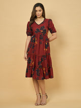 Azira Printed Cotton V-Neck Tiered Midi Dress