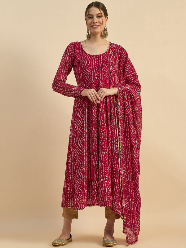 Pink Bandhani Printed Kurta With Dupatta