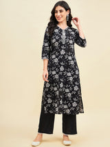 Black Cotton Straight Calf Length Kurta With Palazzo Set