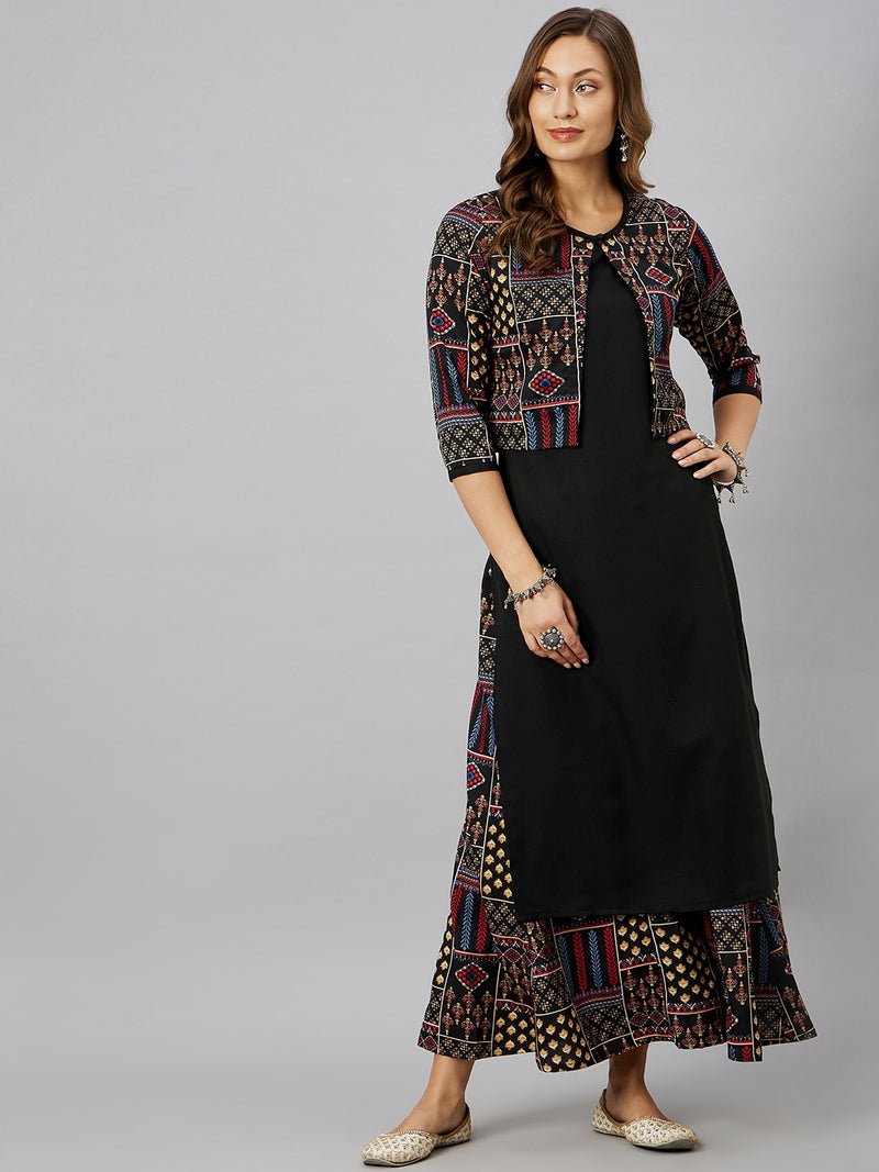 Printed Black Kurta With Palazzo & Jacket Set