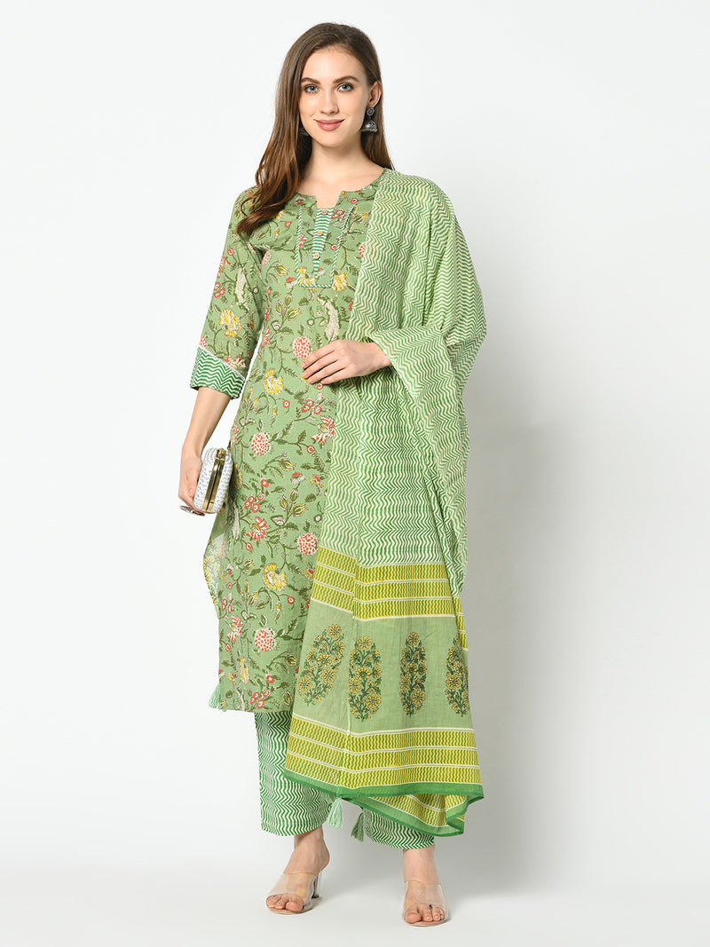 Green Floral Printed Straight and Palazzo Kurta Set with Dupatta