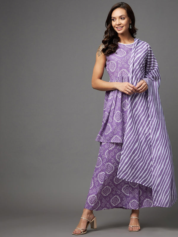 Cotton Purple Kurta With Palazzo & Dupatta