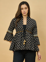 Azira Cotton Women Black & Beige Printed Ethnic Peplum Style Shrug For Women