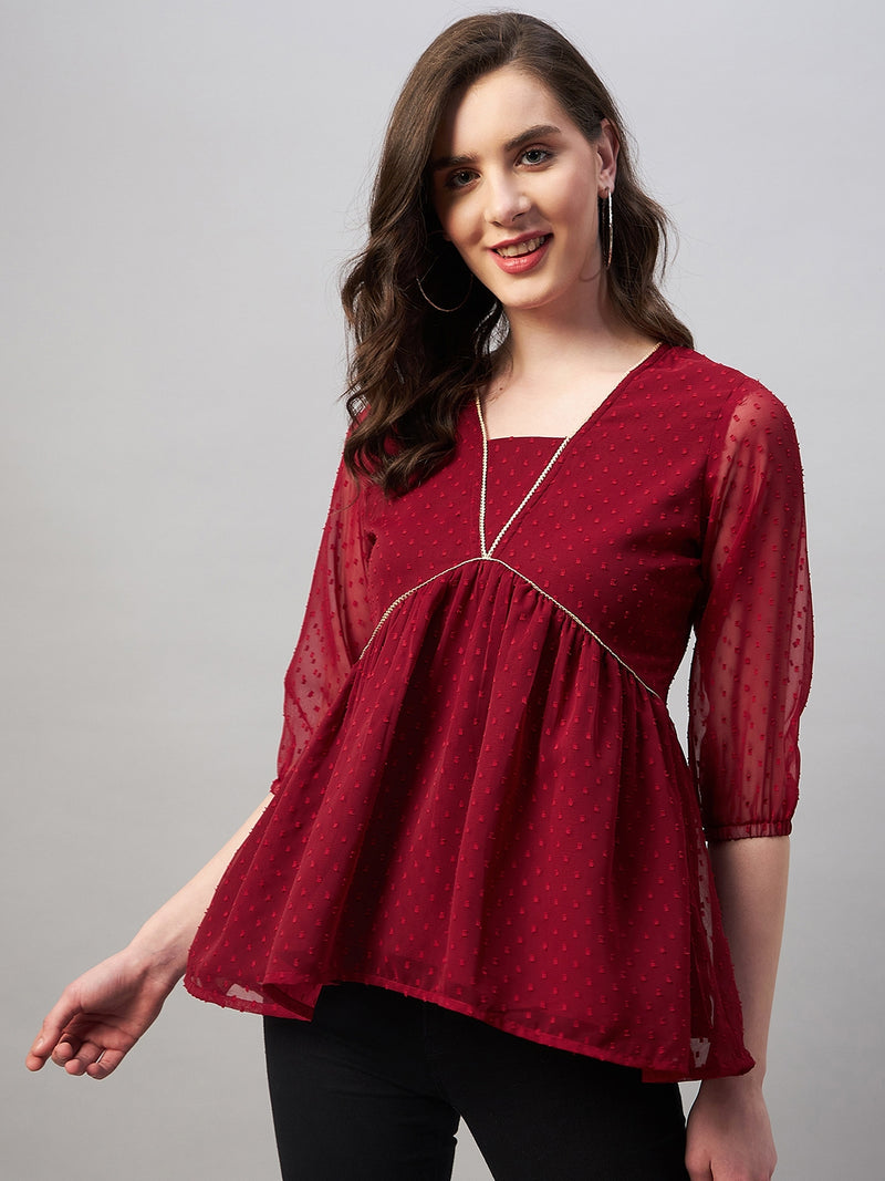 Dobby Fitted High-Low Hem V-Neck Top