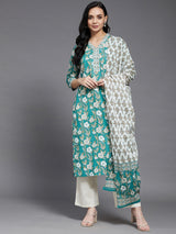 Floral Printed Kurta With Palazzo & Dupatta Set