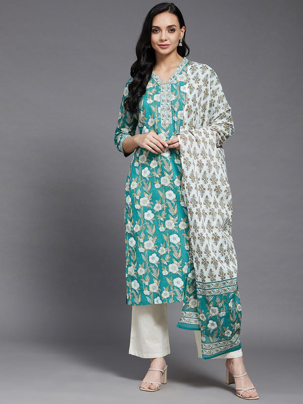 Floral Printed Kurta With Palazzo & Dupatta Set