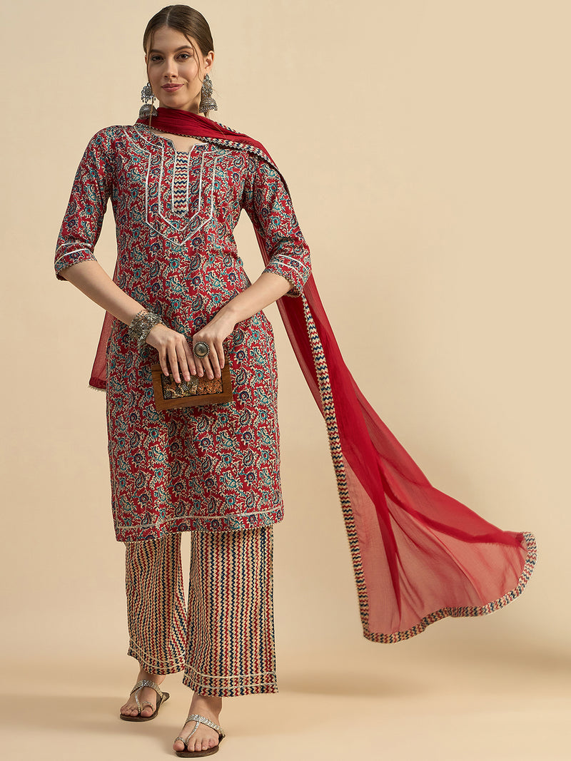 Printed Straight Kurta With Palazzo & Dupatta Set