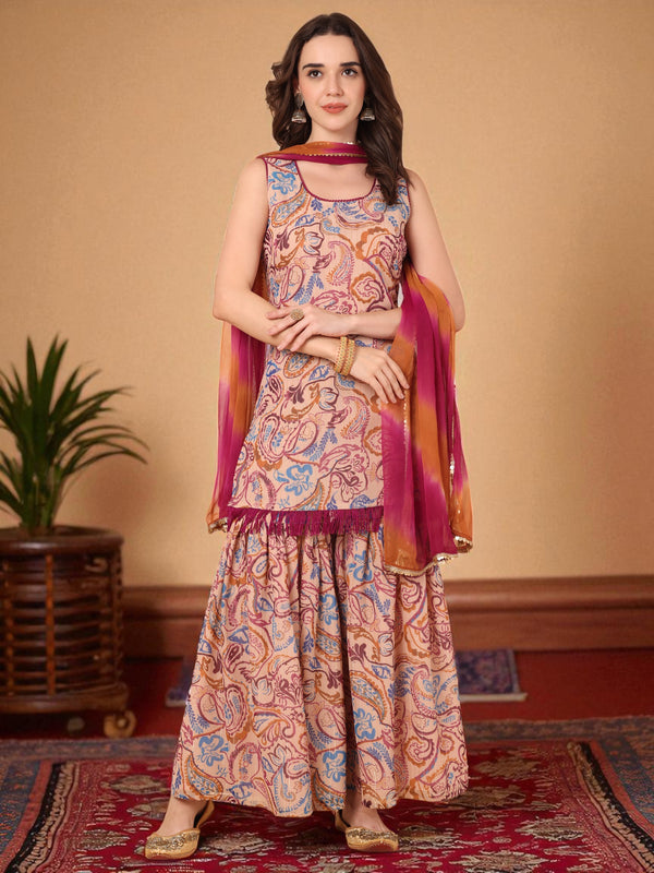 Round Neck Paisley Printed Kurta With Sahara & Dupatta Set