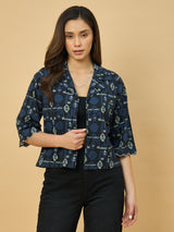 Azira Women Blue Printed Front Open Bell Sleeve Short Indo-Western Shrug & Jacket For Women