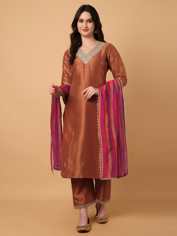 V Neck Embroidered Kurta Palazzo With Dupatta Set