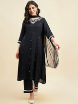 Black Rayon Straight Calf Length Kurta With Palazzo Dupatta Set