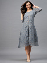 Grey and Golden Checks Printed A-Line Dress