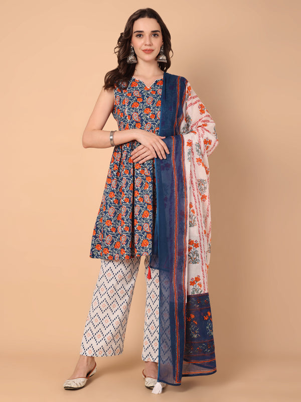 Floral Printed  Gathered Keyhole Neck  Kurta with palazzo & dupatta set