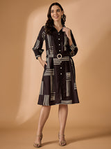 Printed Black Cotton Shirt Collar Knee-Length Dress with Belt