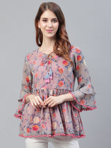 Grey and Peach Floral Gatherd Top Having Pom-Pom on Sleeves and Hemline