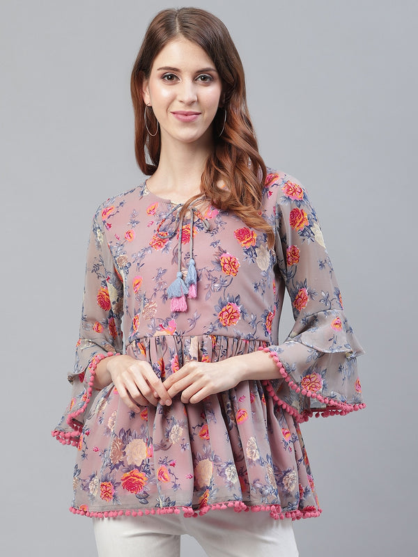 Grey and Peach Floral Gatherd Top Having Pom-Pom on Sleeves and Hemline