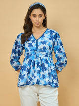 Azira Blue Floral Printed Georgette Peplum Top | V-Neck | 3/4th Sleeve Casual Wear for Women