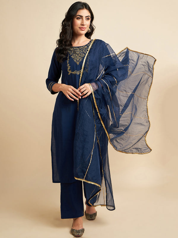 Blue Rayon Silk Straight Calf Length Kurta With Palazzo Dupatta Set