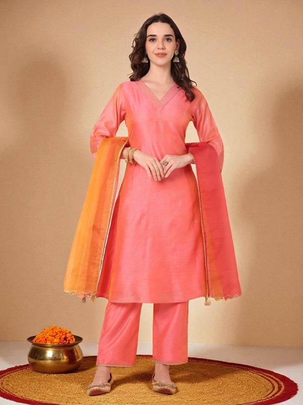 V-Neck Embroidery Kurta With Palazzo & Dupatta Set