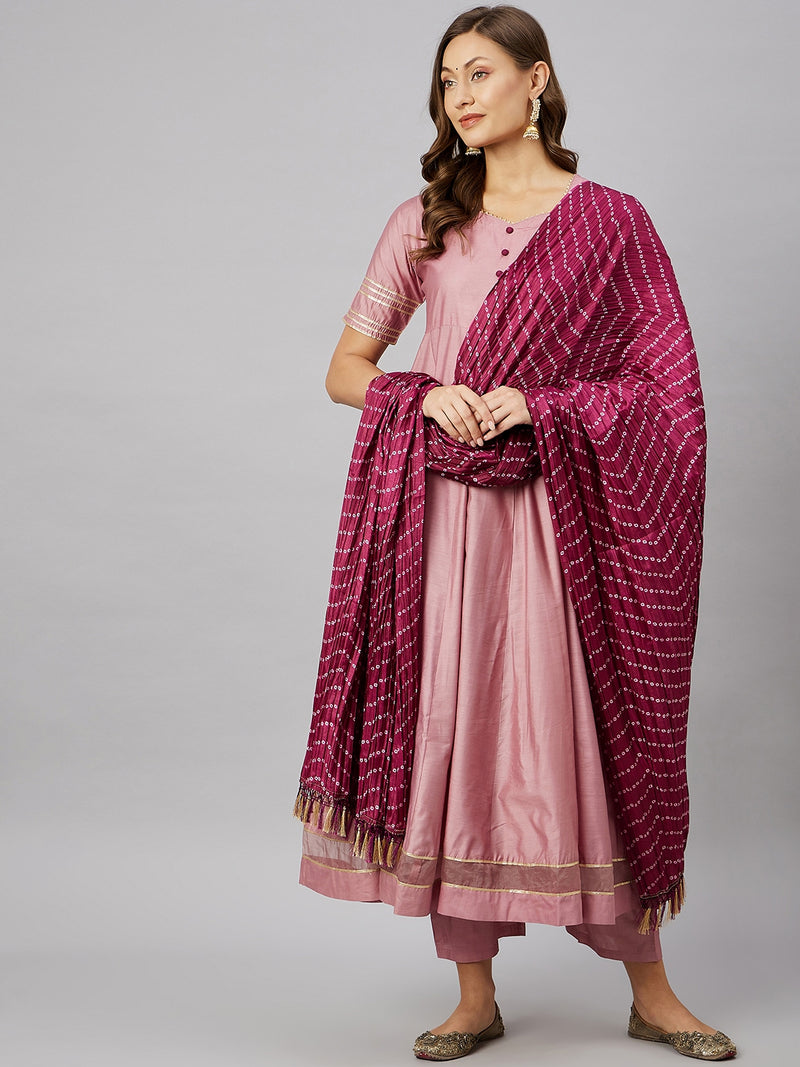 Peach Raw Silk Kurta With Palazzo & Dupatta Set