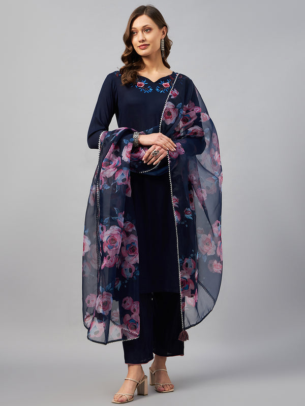 Straight Calf Length Kurta With Palazzo & Dupatta