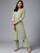 Green Printed Kurta With Palazzo Set