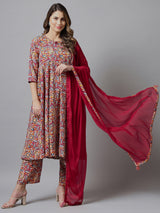 Floral Printed Kurta With Palazzo & Dupatta Set