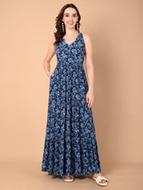Blue Floral Printed Tiered Dress