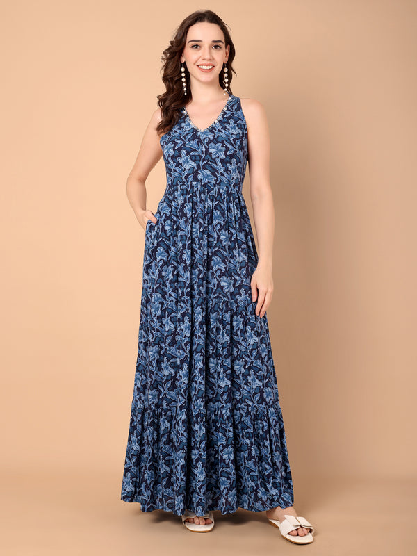 Blue Floral Printed Tiered Dress