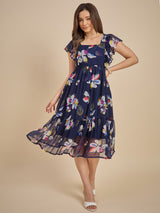 Navy Blue Floral Printed Fit & Flare Midi Dress