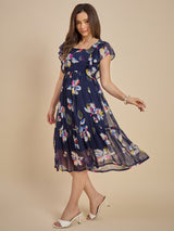 Navy Blue Floral Printed Fit & Flare Midi Dress