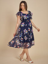 Navy Blue Floral Printed Fit & Flare Midi Dress