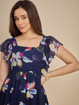 Navy Blue Floral Printed Fit & Flare Midi Dress