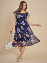 Navy Blue Floral Printed Fit & Flare Midi Dress