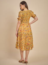 Women Mustard Yellow Floral Printed Smocked Midi Dress