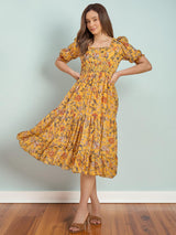 Women Mustard Yellow Floral Printed Smocked Midi Dress