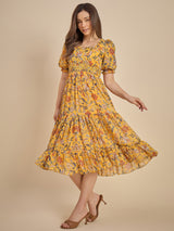 Women Mustard Yellow Floral Printed Smocked Midi Dress