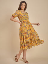 Women Mustard Yellow Floral Printed Smocked Midi Dress