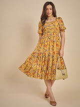 Women Mustard Yellow Floral Printed Smocked Midi Dress